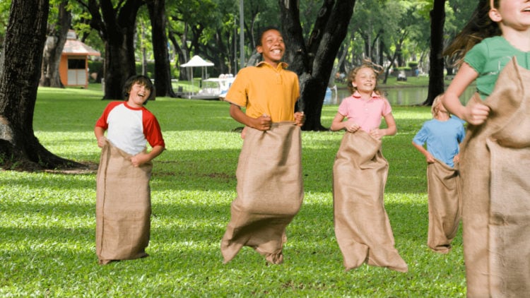 sack race, children, jumping